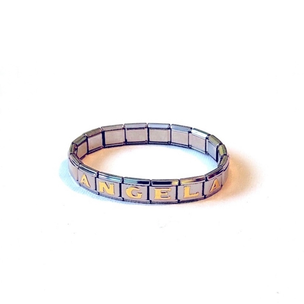 Angela name lettered link bracelet silver and gold plated